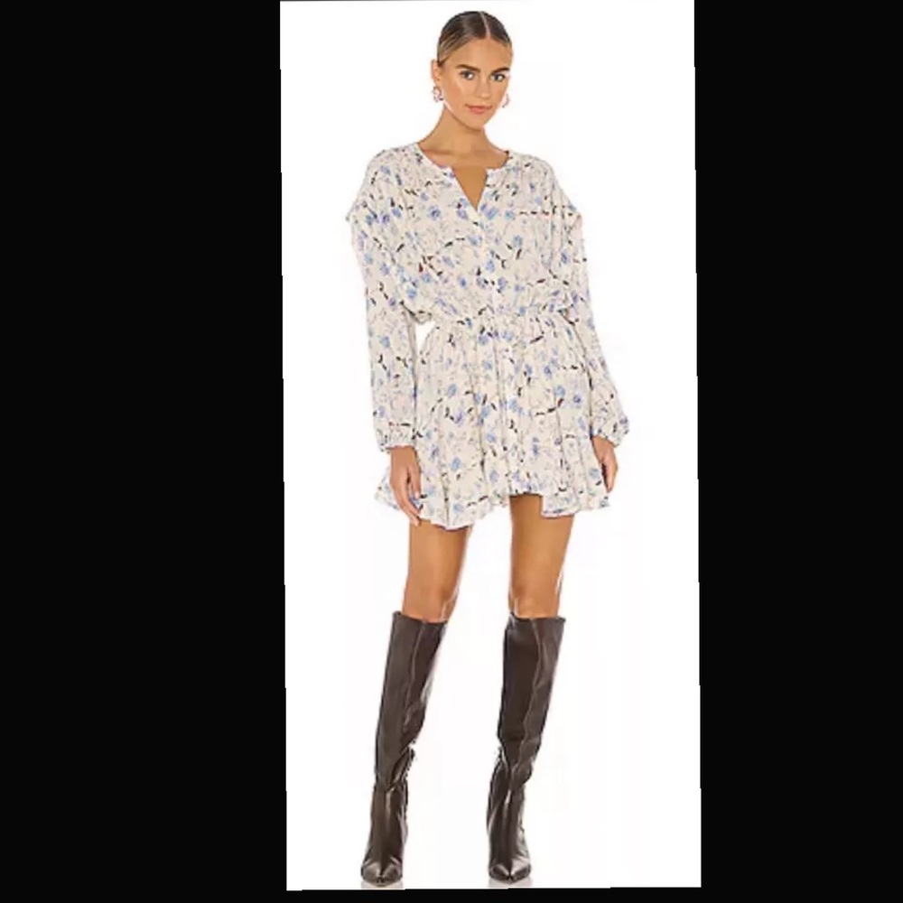 Free People Flower Fields Mini Dress Light Combo White Blue Boho Sz L EXCELLENT